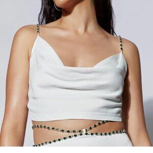 White Meshki cropped blouse with green and silver rhinestone straps